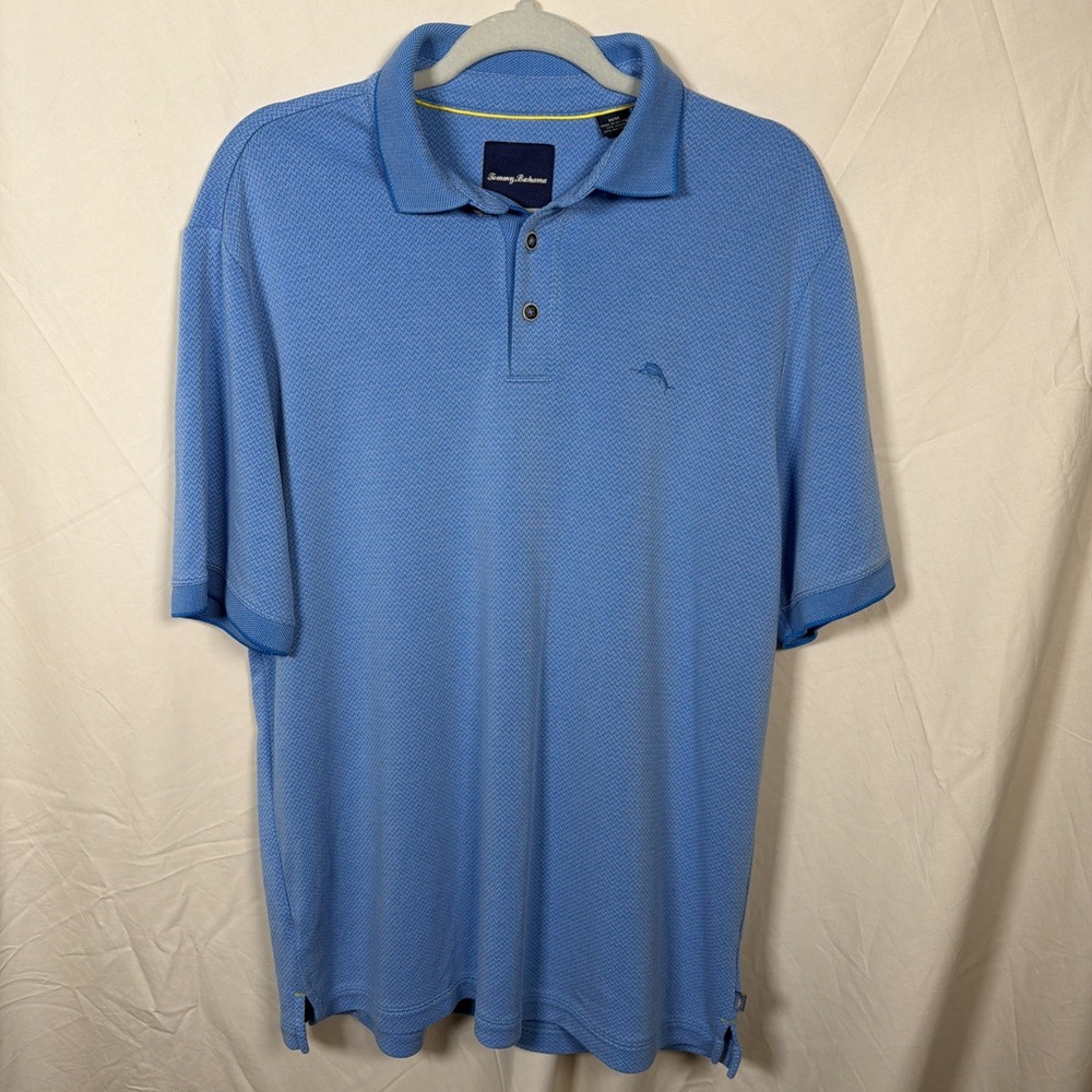 Tommy Bahama Mens Medium Polo Shirt Blue Short‎ Sleeve Textured Cotton